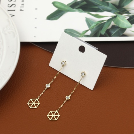 Simple Light Luxury Golden Copper Zircon Hexagon Pendant Long Earrings's discount tags