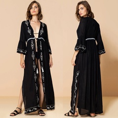 New rayon black and white embroidered long cardigan beach sun protection jacket