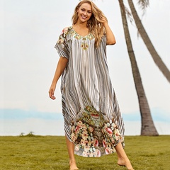 New polyester line flowers loose holiday dress seaside beach blouse bikini outer robe