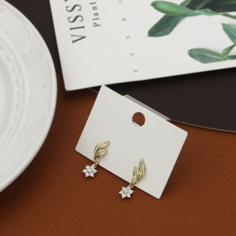 Light luxury copper zircon leaf flower drop earrings NHIK616763's discount tags