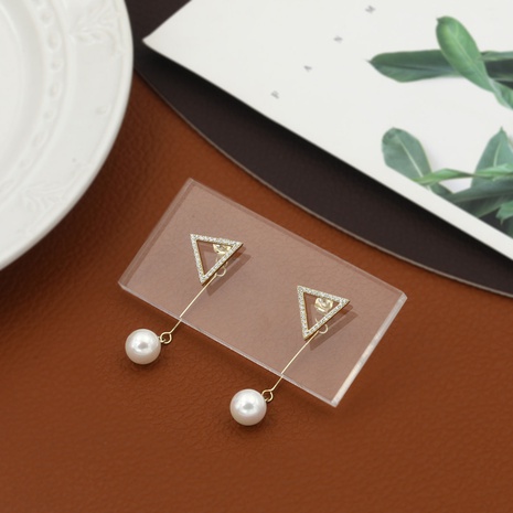 Light luxury fashion Korean triangle copper zircon pearl earrings NHIK616761's discount tags