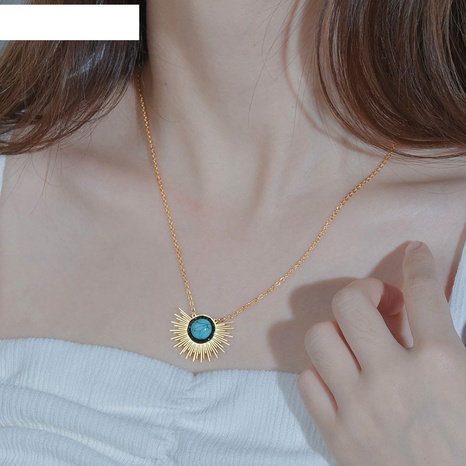 collier pour femme en acier titane turquoise incrusté de mode rayonnante de fleur de soleil tendance's discount tags