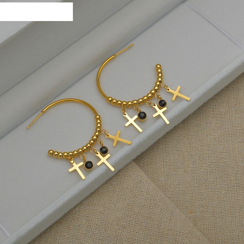 fashion Cshaped cross earrings black diamonds titanium steel earring
