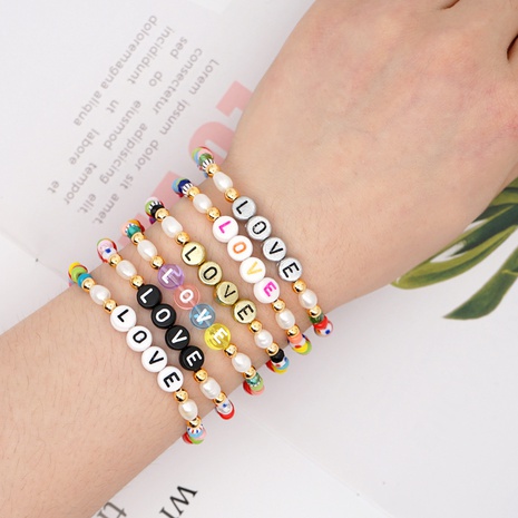 vintage baroque pearls simple rainbow beads English letter LOVE bracelet NHBDB612229's discount tags