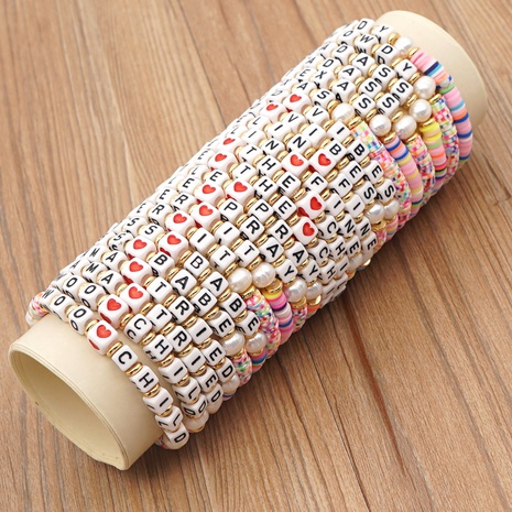 bohemia English letter rainbow soft ceramic pearl bracelet NHBDB612236's discount tags