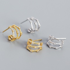 fashion three-layer inlaid zircon s925 silver geometric bamboo C-shaped stud earrings
