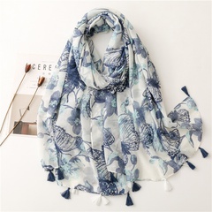 Simple fashion scarf ladies rendering ink painting blue butterfly tassel scarf shawl