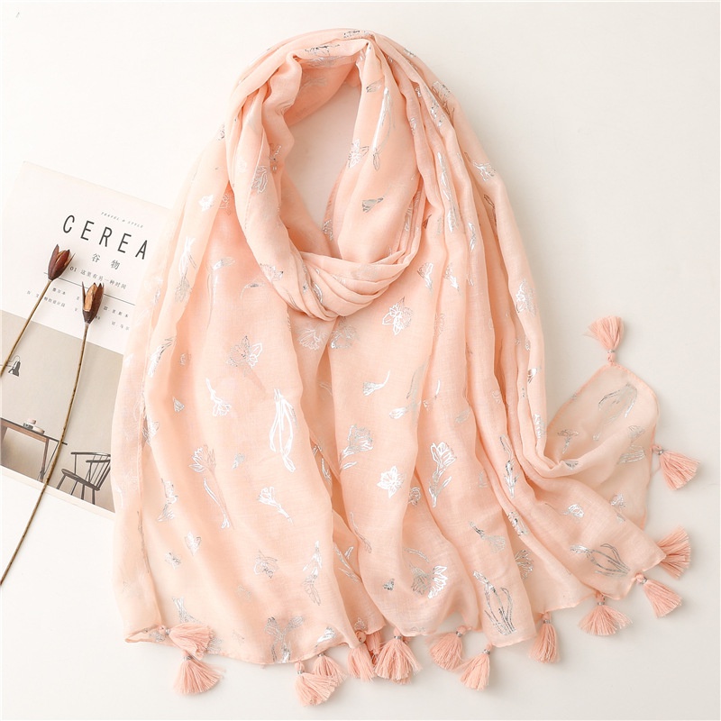 Simple fashion scarf ladies solid color pink hot silver small flower tassel scarf shawl