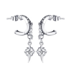 retro punk tassel chain cross stainless steel inlaid zircon earrings
