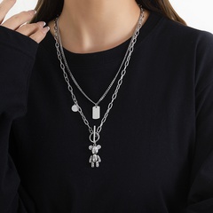 Double-layer titanium steel sweater necklace tide bear pendant necklace