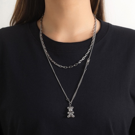 Hip-hop cute print bear pendant necklace titanium steel clavicle chain  NHPUX612766's discount tags