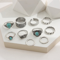 Retro inlaid imitation turquoise ring ethnic style geometric alloy rose 10-piece set