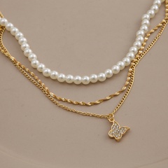 creative personality full diamond butterfly pearl three-layer necklace
