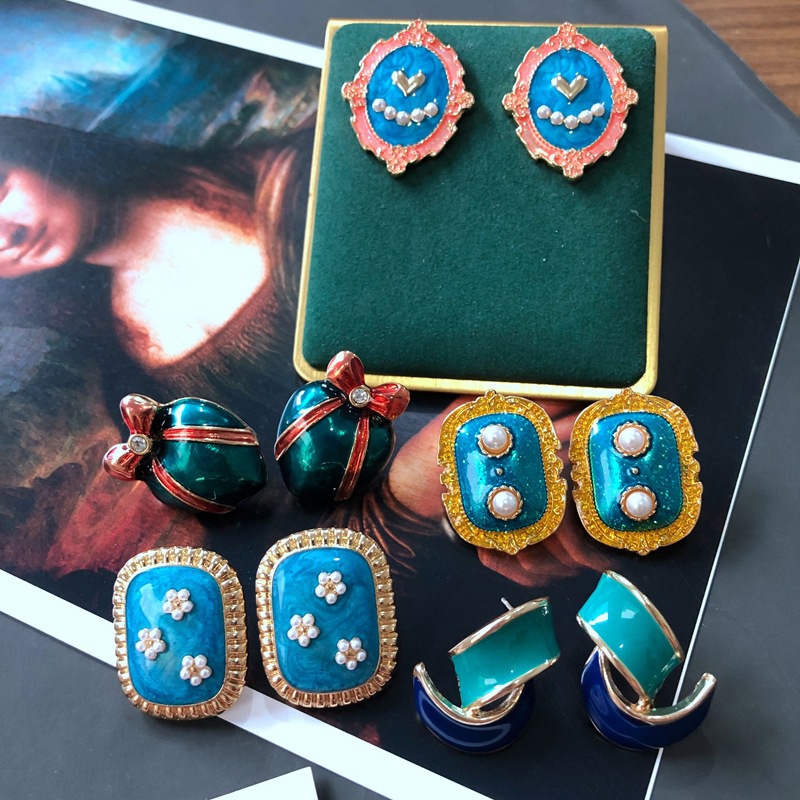 vintage blue enamel colorful lines retro earrings wholesale