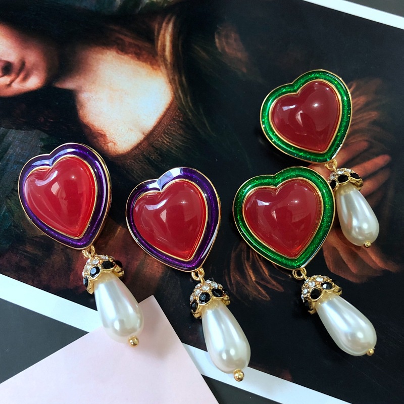 retro heart contrast color enamel glaze pin earrings wholesale