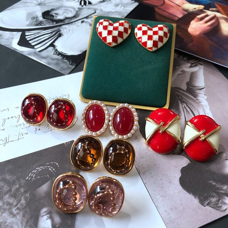 Vintage Red Color Enamel Bead Chain Heart Pearl Stud Earrings NHOM616099's discount tags