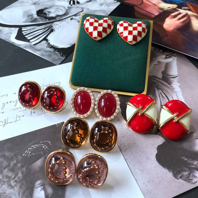 Vintage Red Color Enamel Bead Chain Heart Pearl Stud Earrings