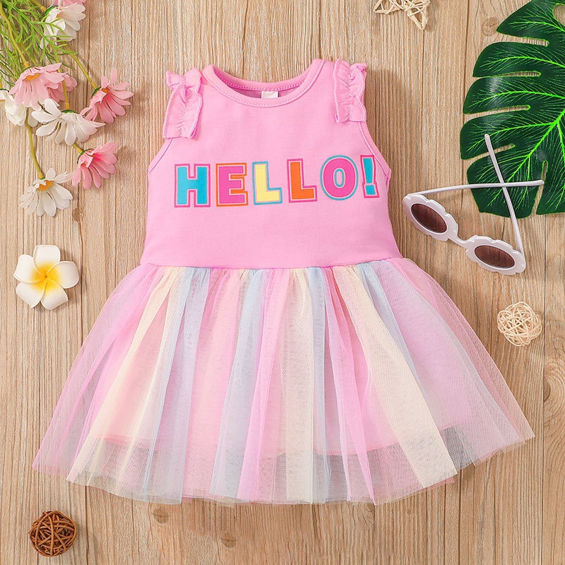 summer baby girl vest skirt letters wholesale dress cute little girl pink mesh skirt