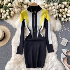 fashion casual color matching zipper slim high collar bottoming knitted hip dress