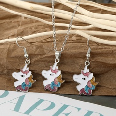 fashion drip oil color glitter unicorn necklace set animal pendant drop earrings