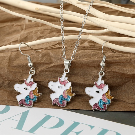 fashion drip oil color glitter unicorn necklace set animal pendant drop earrings NHGO620645's discount tags