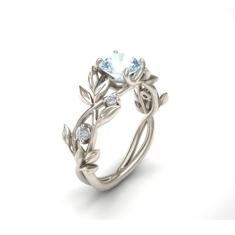 European and American Olive Leaf Alloy Inlaid Blue Zircon Ring