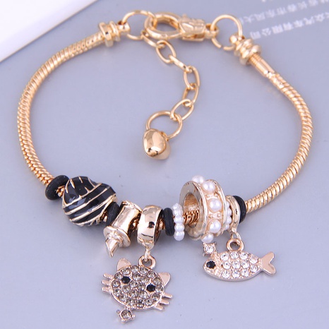 Pulsera de accesorios con colgante de gato y pez simple de metal dorado a la moda's discount tags