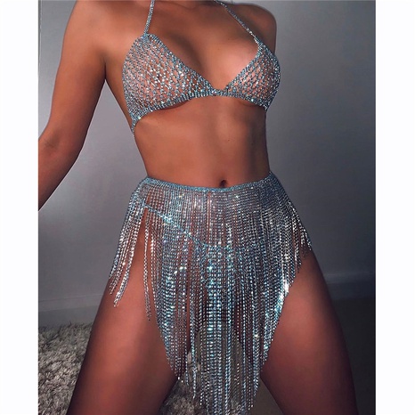 Blue Crystal Sexy Body Chain Set Bra Shorts Short Skirt Body Jewelry Women's discount tags