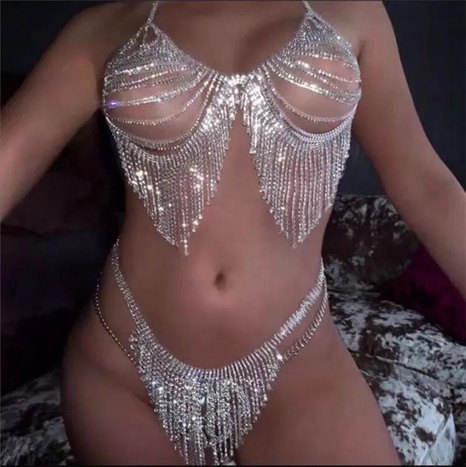 Fashion Sexy Luxury Rhinestone Tassel Body Chain Set Women's discount tags