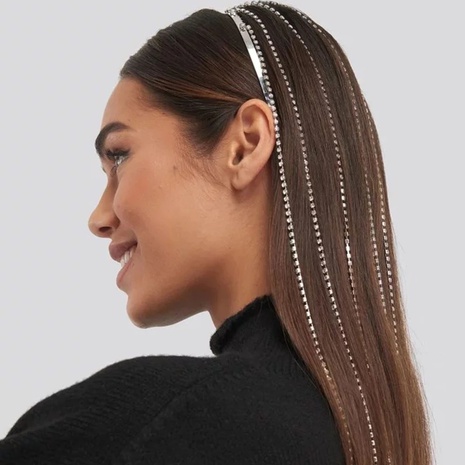 New European and American rhinestone headbands long fringed rhinestone hair chain's discount tags