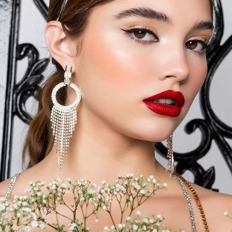 fashion claw chain series round crystal diamond long tassel womens earrings