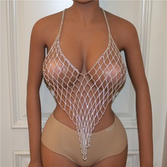mesh rhinestone tassel body chain sexy exaggerated flash drill bra panty set