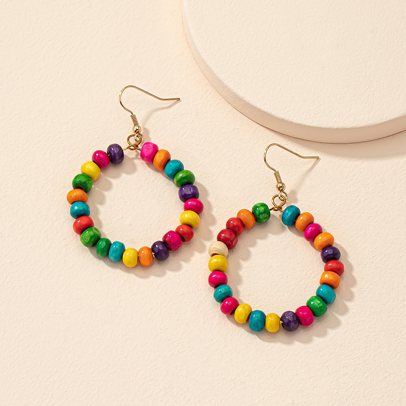 Boho colorful round bead geometric circle ear studs womens wooden ear jewelry