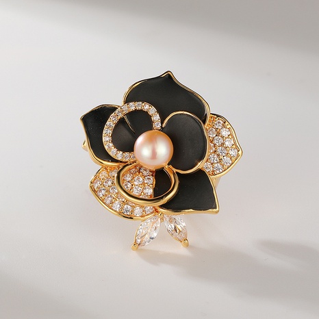 retro fashion camellia oil drop copper brooch freshwater pearl corsage's discount tags