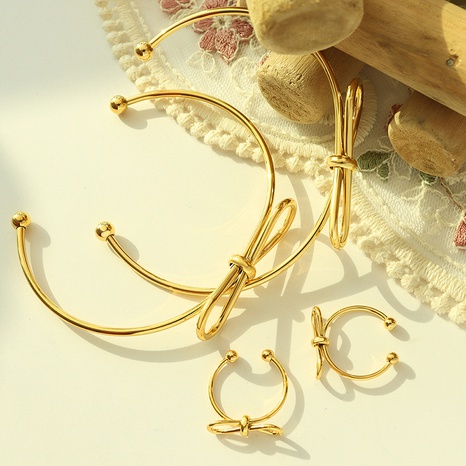 Geometric bow open bracelet ring two-piece set Korean titanium Steel jewelry NHXIY622190's discount tags