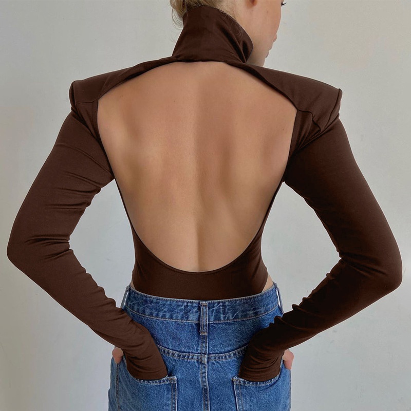 simple solid color new sexy backless longsleeved turtleneck jumpsuit wholesale