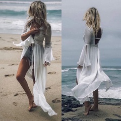 simple solid color bell-sleeved sexy backless cardigan long skirt swimsuit blouse