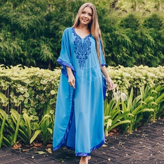 Chiffon Embroidered Blue White Oversized Loose Coverall Beach Sunscreen Dress Wholesale