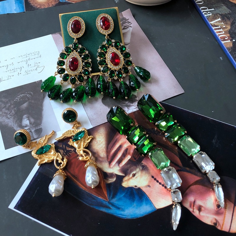 vintage trend colored glass stone Baroque pearl long tassel earrings
