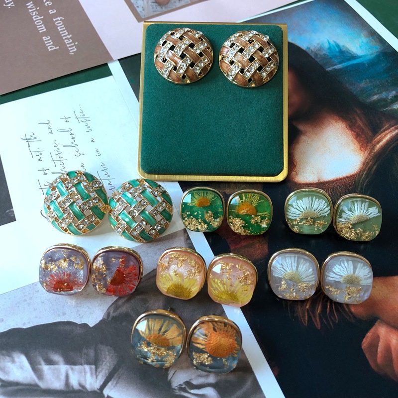 vintage geometric flower enamel gemstone diamond earrings wholesale