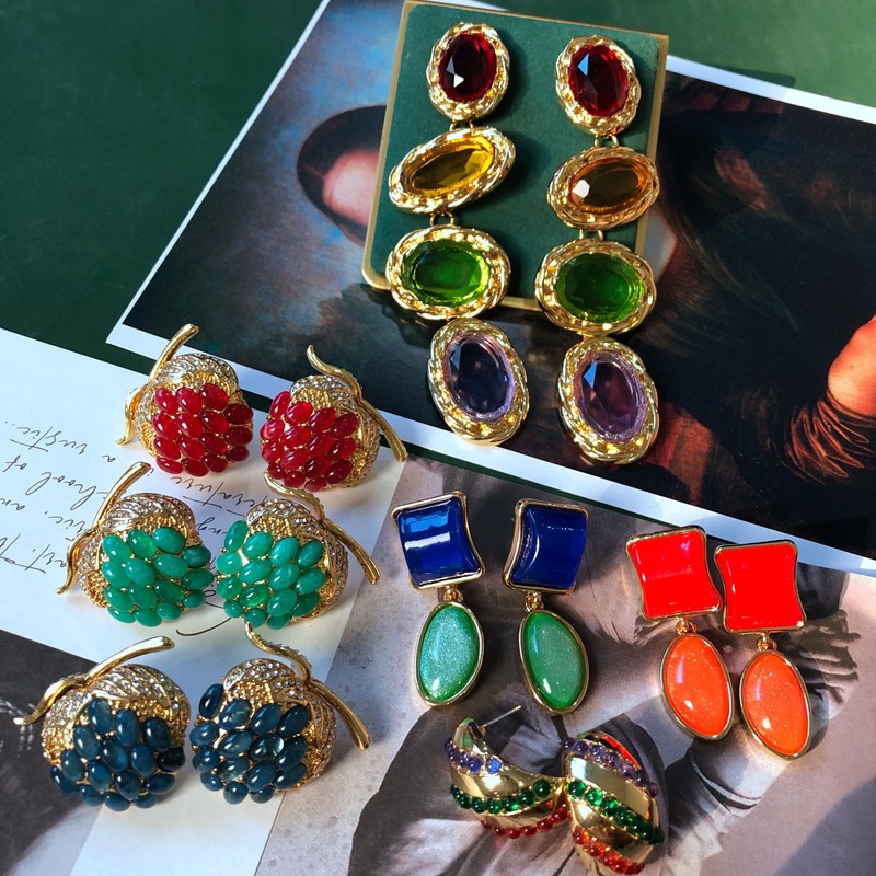 vintage geometric colored gemstone apple shape earrings wholesale