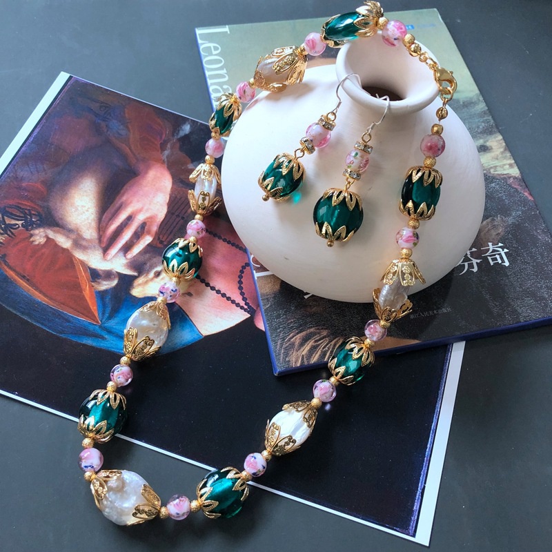 Baroque Pearl Lake Blue Color Glass Bead Short Necklace Earrings Set