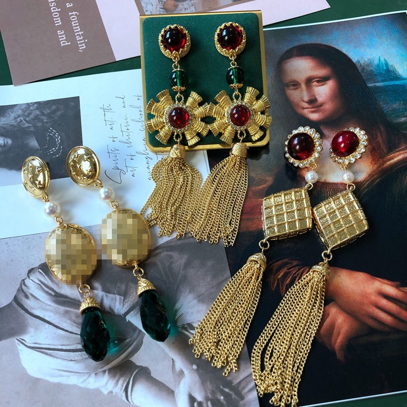 vintage tassel red emerald pendant mesh stud earrings wholesale