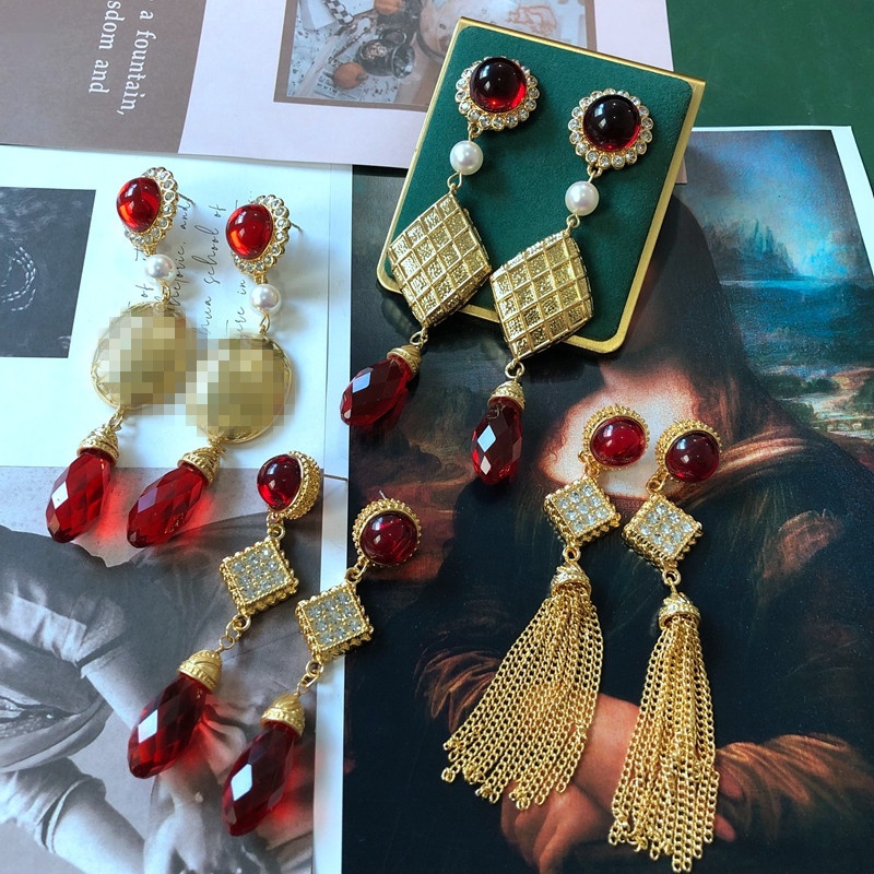simple geometric red lucky ruby pendant tassel earrings jewelry wholesale