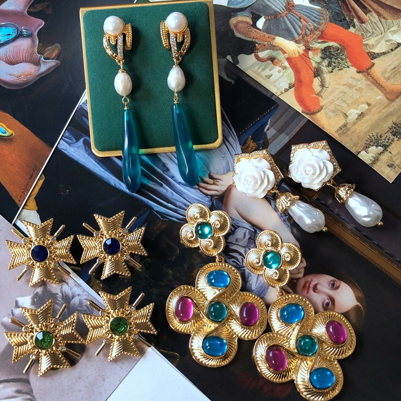 Vintage Geometric Colorful Gemstones Pearls Alloy Earrings Wholesale