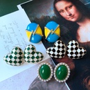 vintage geometric contrast color plaid bluegreen square heart pearl earringspicture7