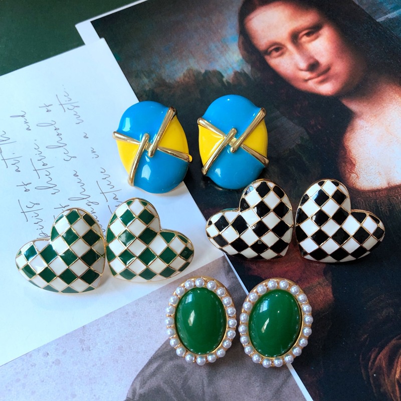vintage geometric contrast color plaid bluegreen square heart pearl earrings