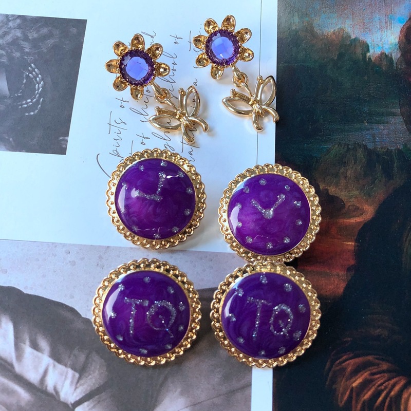 retro purple flowers geometric circle enamel stud earrings wholesale