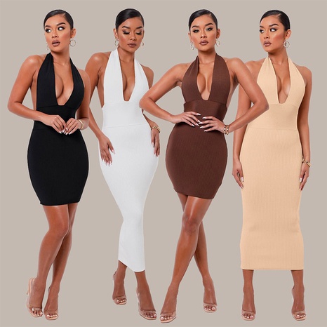 2022 spring new women's sexy backless halter V-neck fashion slim dress wholesale's discount tags