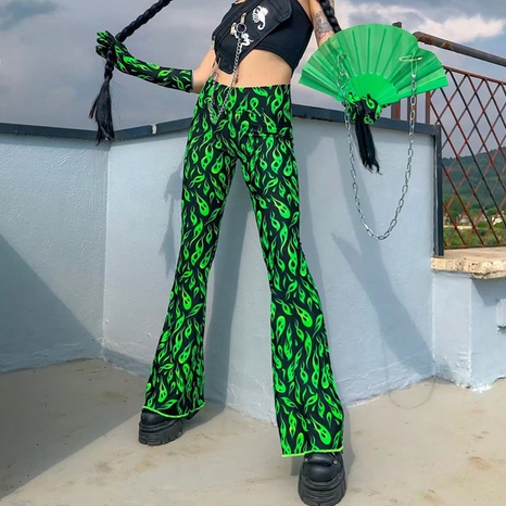 Women's European and American printing fruit green flared pants casual pants wholesale's discount tags